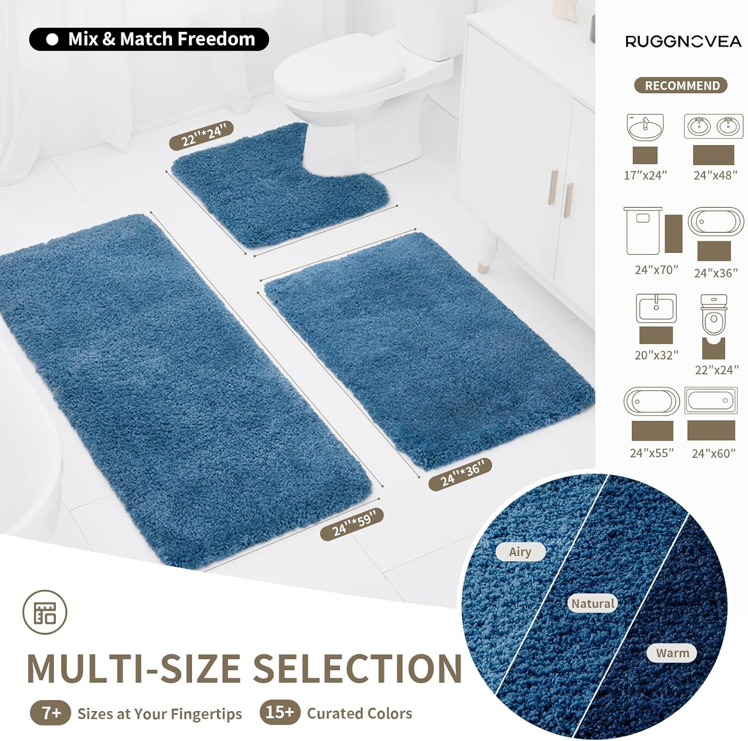 Bathroom Rugs Non Slip Washable 70x24, Ultra Thick Soft Microfiber Absorbent Bath Mats, High Density Foam Latex Non Slip Backing Bath Rugs, Fluffy Floor Carpet for Tub&Shower, Blue